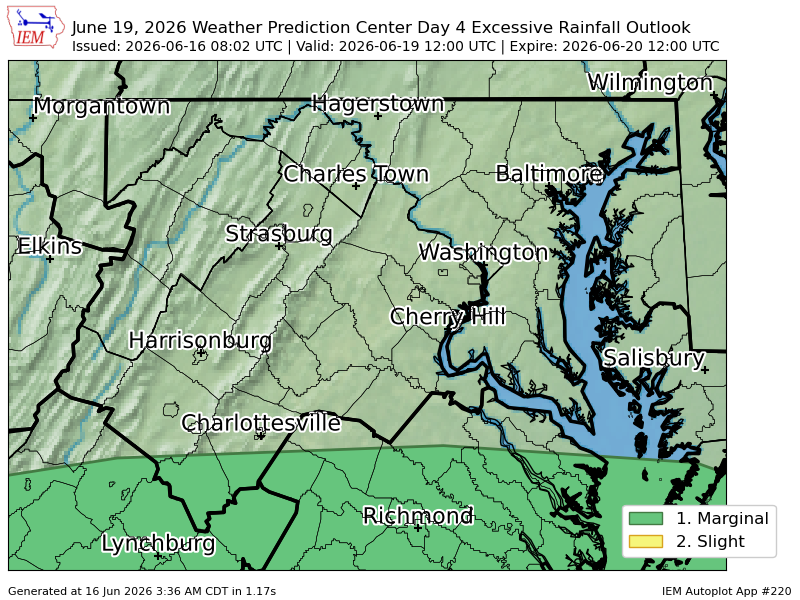 PWXBaltimore's tweet photo. WPC issues Day 4 Marginal Risk Excessive Rainfall Outlook at Jun 16, 8:02z for LWX https://t.co/3Qb0XSpLE5 https://t.co/hyeloMYggq