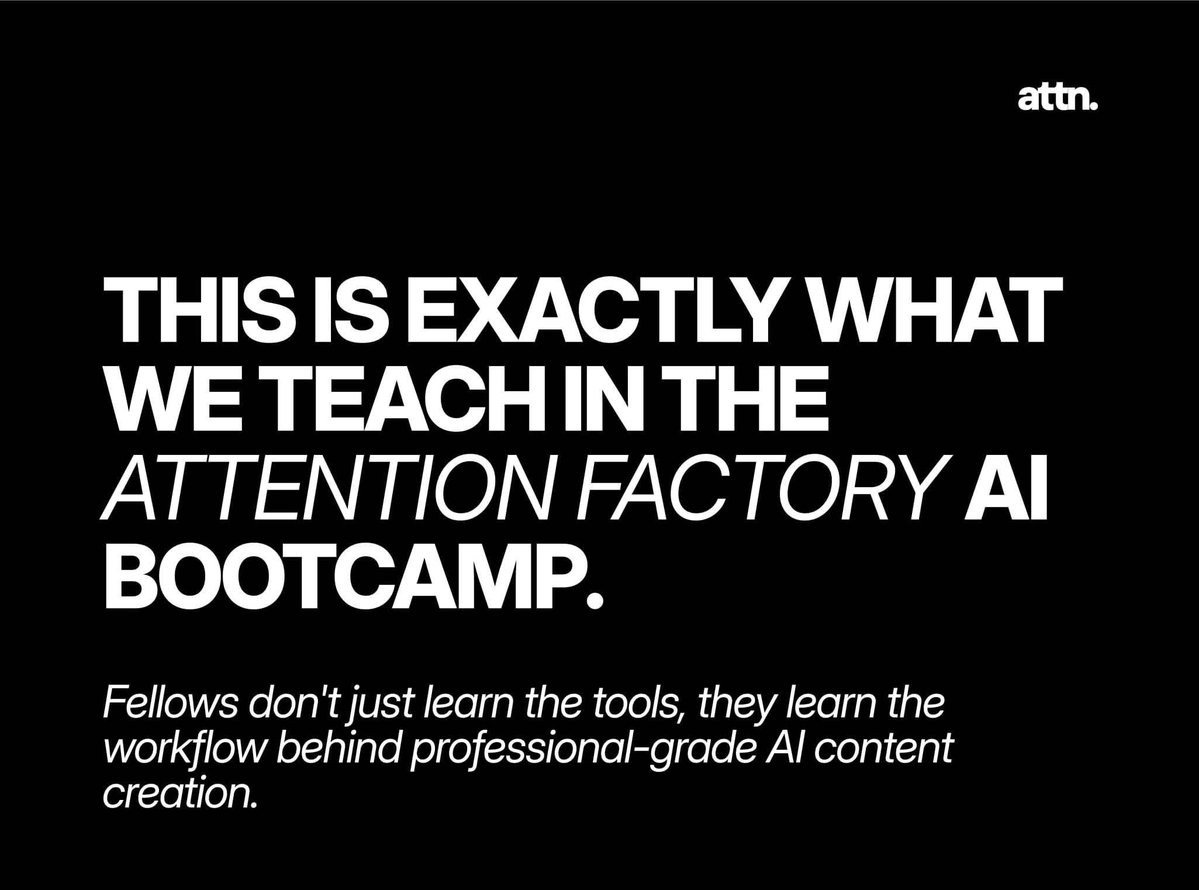 attn_factory's tweet photo. Most people are hoarding AI tips they will never use, getting generic results from casual chat boxes. Meanwhile, real builders are launching functional agents and automating entire business operations.

Stop saving tutorials!! In 7 days, the Bravo'26 Bootcamp (kicking off July 1st) will show you the exact Attention Factory playbook to generate high-end assets, build code-free sites, and kill manual busywork.

Show up, do the daily build, and ship a live portfolio projector get a full refund.

Hit the link below to lock in your seat.
https://t.co/khCiZxReqW

#AIBusiness #GenerativeAI #BusinessAutomation #TechBootcamp #AttentionFactory