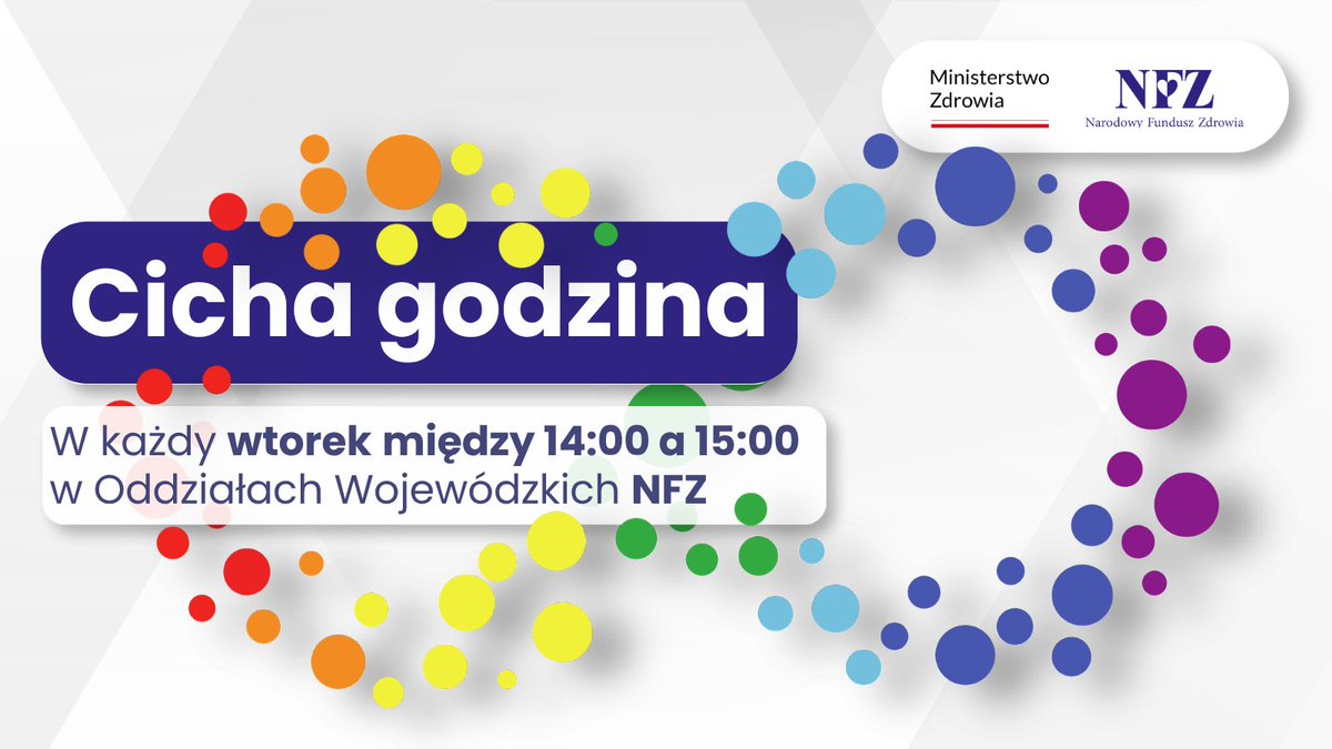 NFZ_GOV_PL's tweet photo. 🤍 #CichaGodzina w oddziałach #NFZ

🕑 W każdy wtorek, od 14:00 do 15:00 tworzymy bardziej przyjazną przestrzeń:

🔕 ograniczamy hałas
💡 przyciemniamy oświetlenie
🗨️ mówimy ciszej i spokojniej

🌿 To czas zaprojektowany z myślą o osobach wrażliwych na dźwięki i intensywne światło — aby kontakt z NFZ był bardziej komfortowy.

🔎 Sprawdź szczegóły ⤵️
https://t.co/yxixD4RySS

@MZ_GOV_PL