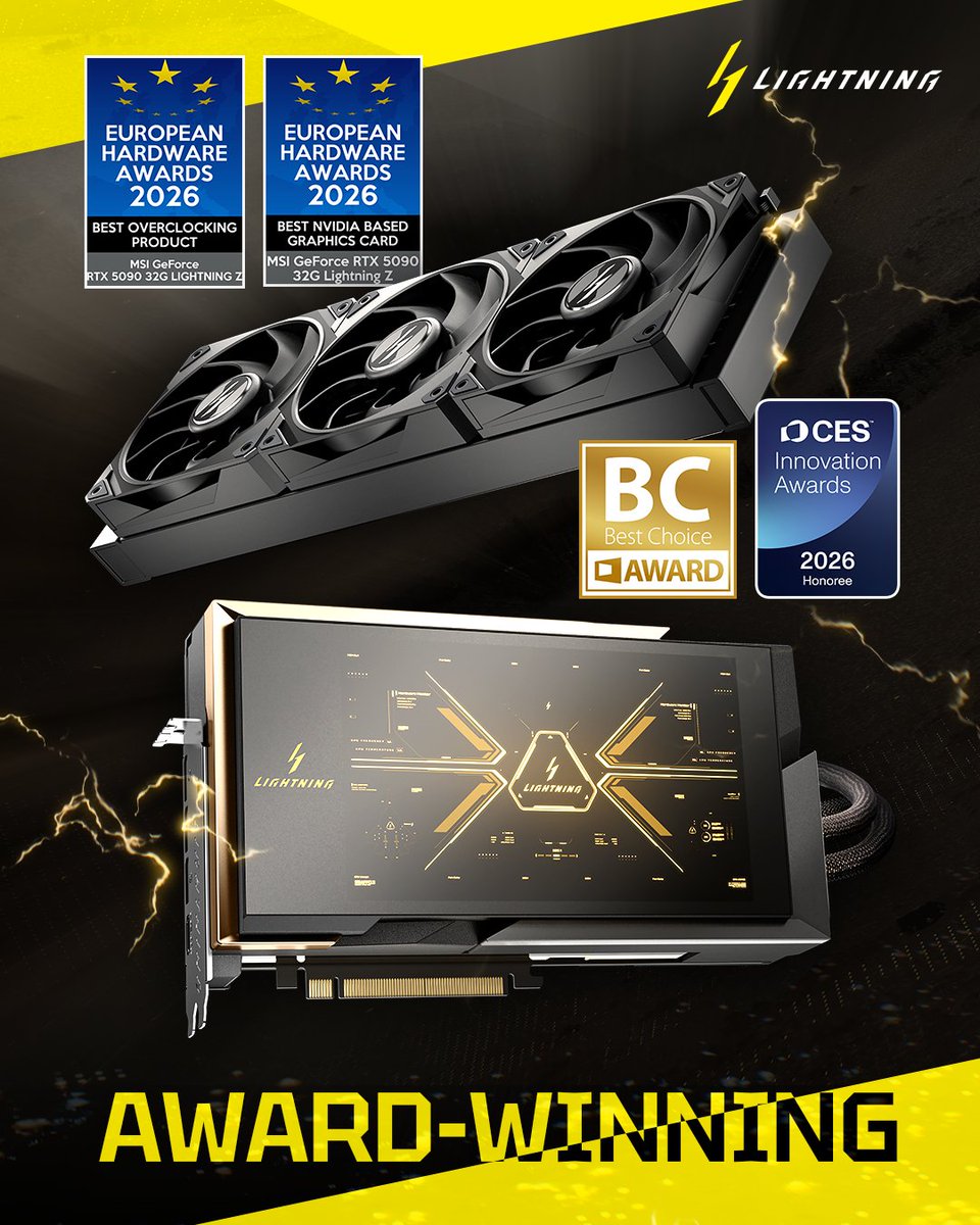 msigaming's tweet photo. The legendary LIGHTNING has been recognized by some of the industry's most prestigious awards!
🏆CES Innovation Awards Honoree
🏆COMPUTEX Best Choice Golden Award
🏆Best NVIDIA Based Graphics Card
🏆Best Overclocking Product
LIGHTNING is a true legendary return. ✨
#LightningZ https://t.co/0HEhfVaqOg