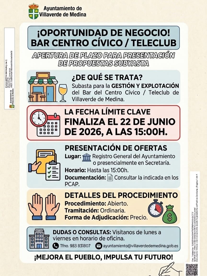 TierrasdeMedina's tweet photo. 📢👉#Presentación de #Propuestas #Subasta #Bar #CentroCívico / #Teleclub en #VillaverdedeMedina
Plazo de Presentación: 22 de Junio
#TierrasdeMedina https://t.co/zyFkmyVHLd