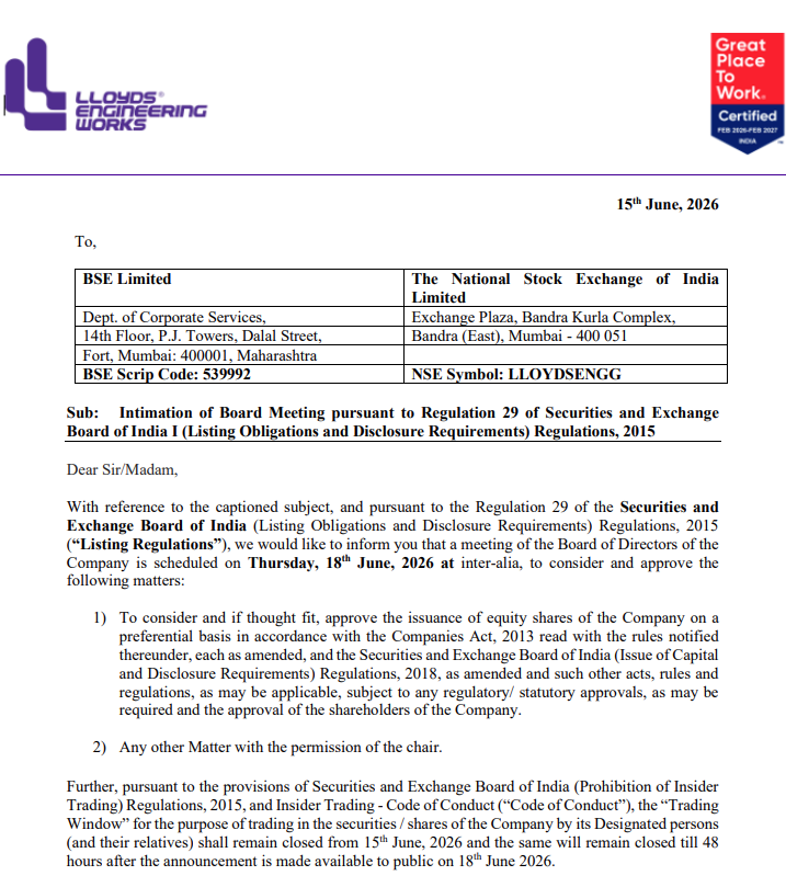 bharateshkumar8's tweet photo. #LloydEngineering - No confusion chart.....

Board meeting to consider and approve the Fund rise through Preferential issue of shares. https://t.co/11QbJFVwuJ