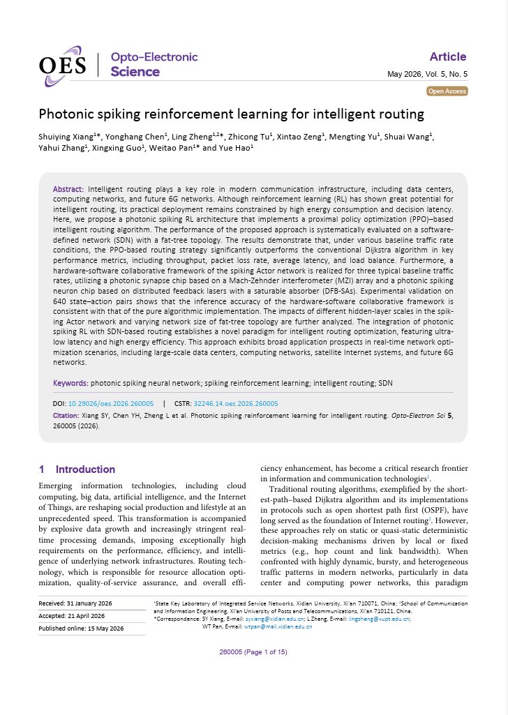 OptoElectronAdv's tweet photo. #OES_highlight Photonic spiking reinforcement learning for intelligent routing https://t.co/2HPwNo2hoX by Prof. #Shuiying_Xiang #Ling_Zheng #Weitao_Pan @XDUofChina #photonic #neural #network #reinforcement #learning #intelligent #routing #SDN https://t.co/KBUrNpNHYI
