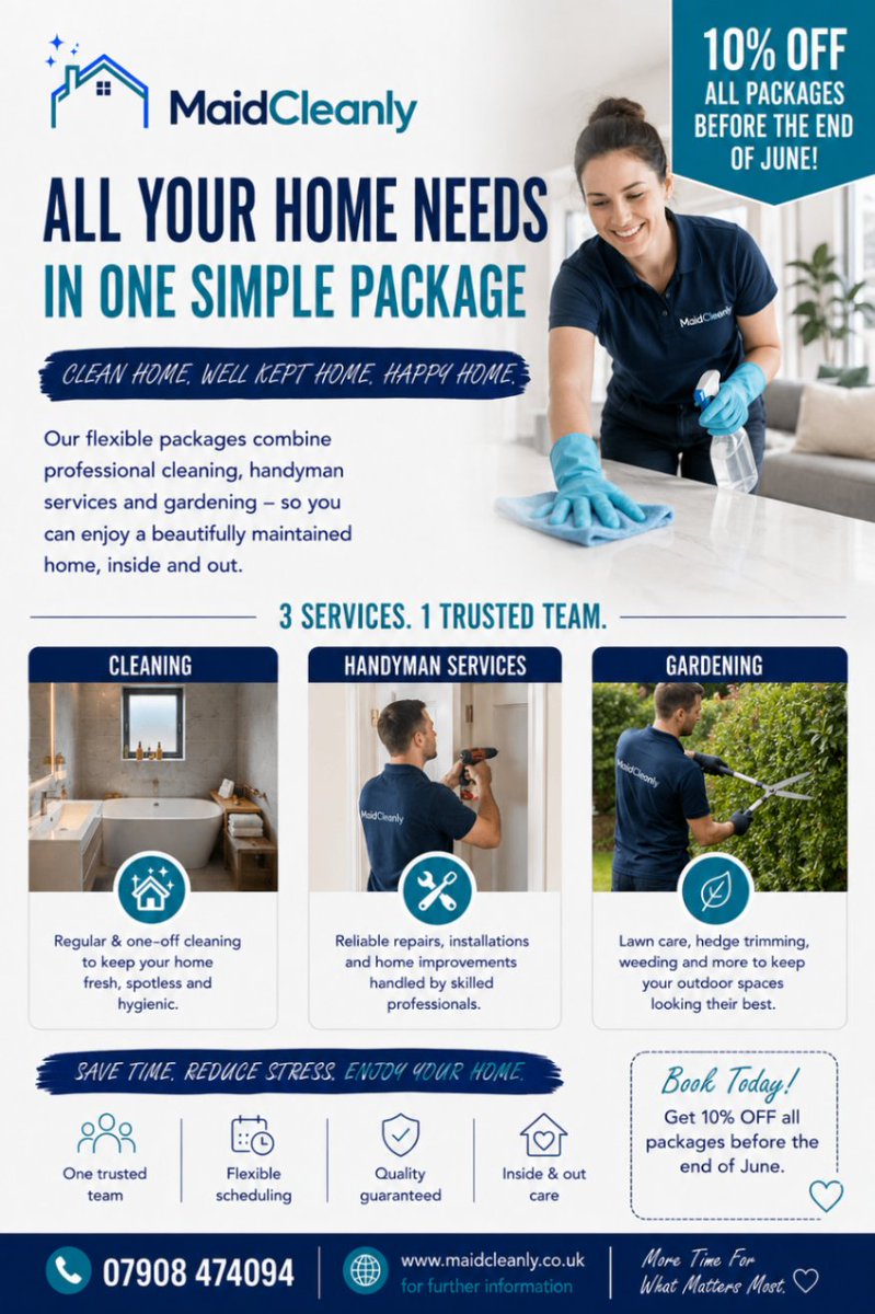 MaidCleanlyLtd's tweet photo. 🏡✨ ALL YOUR HOME NEEDS IN ONE PACKAGE ✨🏡

Why juggle companies? Maid Cleanly does it all:

🧹 Cleaning | 🔨 Handyman | 🌿 Gardening

🎉 10% OFF before end of June!

📞 07908 474094
🌐 https://t.co/orwpXBhZXj

#MaidCleanly #Essex #HomeCare #Brentwood #Chelmsford https://t.co/81ODZZ4a0h
