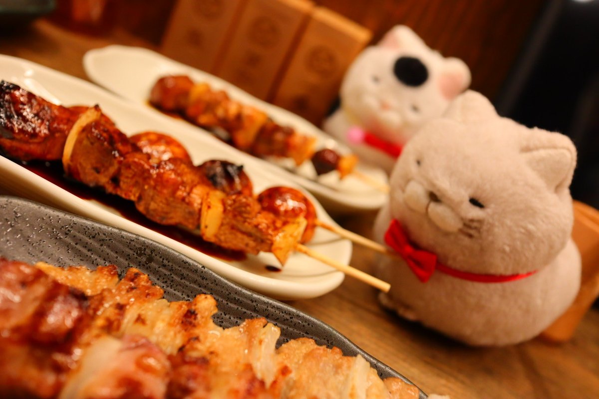 tanuki_ponnpoco's tweet photo. ライブ前には、
焼き鳥でいっぱい🍶にゃね。

（カメラのレンズ変えたら、グルメブロガーみたいな写真とれた笑）
#アミュキャラぬい撮り https://t.co/0x1abkAMqJ