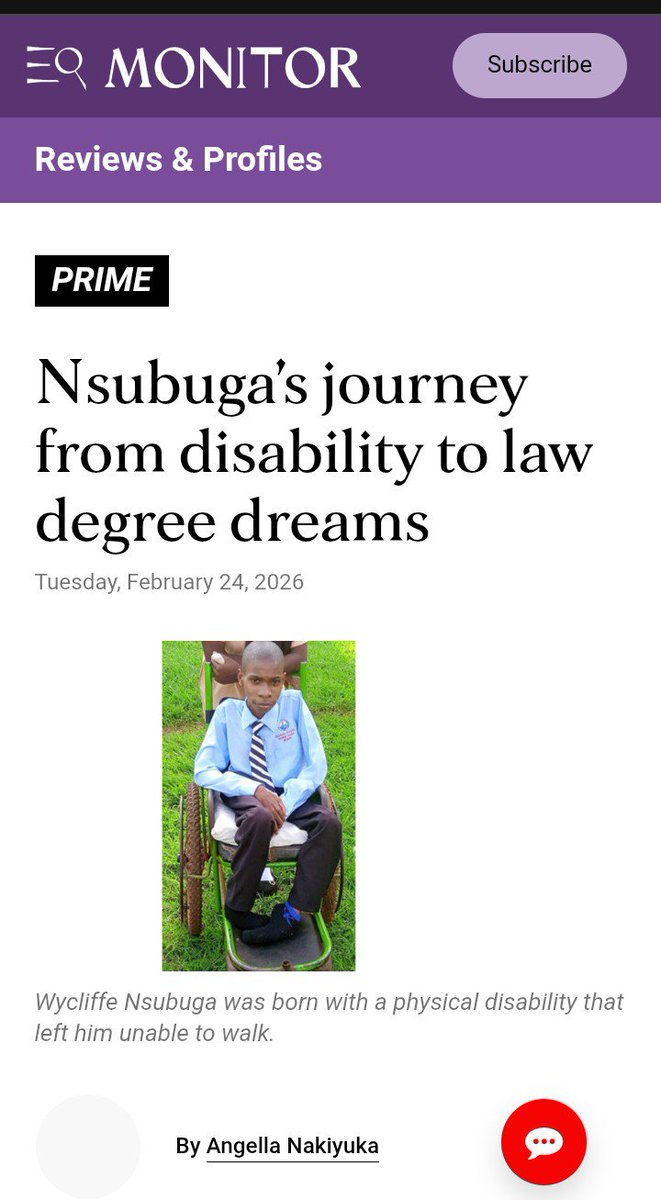 ANakiyuka85748's tweet photo. Wycliff Nsubuga lost a long-term battle to paraplegia on Saturday evening and was laid to rest yesterday.
Nsubuga appeared in Daily Monitor on February 24,2026 ,sharing with us his journey with a disability which he had right from birth ,the struggles he went through with his grandmother who never abandoned him ,his dreams to become a lawyer to prove that even the disabled could be something.
During his senior four vacation, Nsubuga started a poultry business with savings from his upkeep and made sales to buy the prescribed medicine to calm the paralysis which was rapidly taking over his body ,because he did not want to beg for money from the public . 
He performed excellently and was aiming at becoming a lawyer ,had he lived longer to join Makerere University.
A family member who went through his phone broke to me the sad news of his passing ,today. 
May his soul rest in peace 🙏 🕊