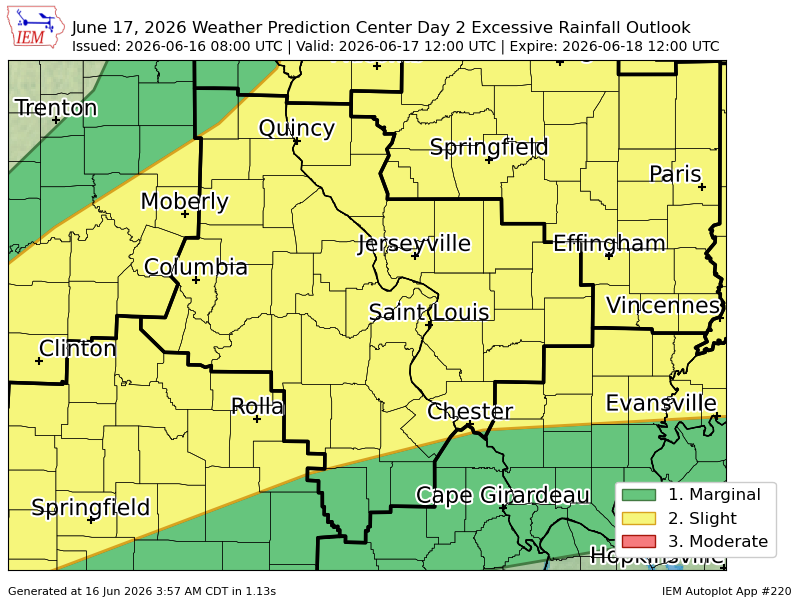 PWXStLouis's tweet photo. WPC issues Day 2 Slight Risk Excessive Rainfall Outlook at Jun 16, 8:00z for LSX https://t.co/Bkxaq4RGy5 https://t.co/emiA7Iz7XC