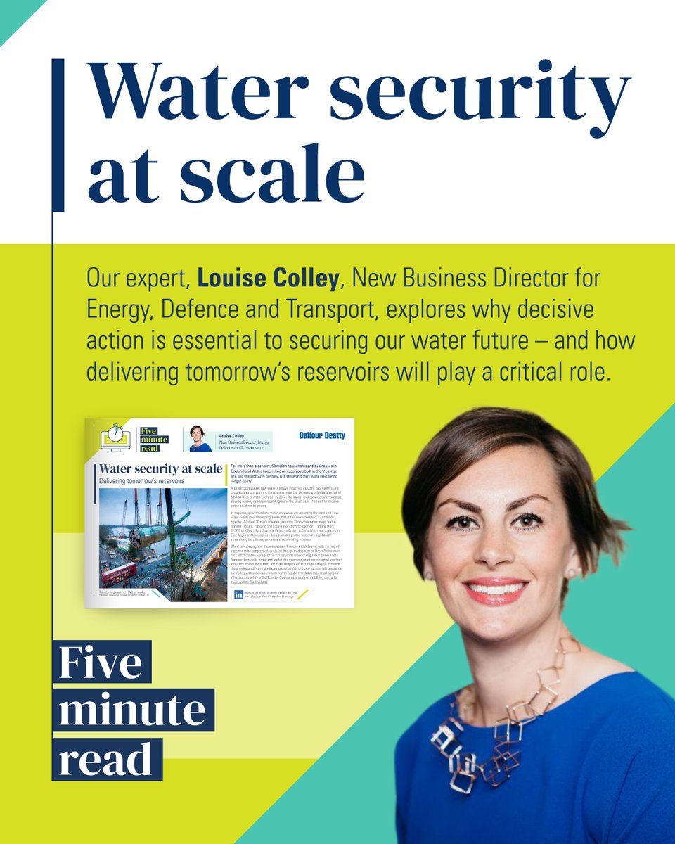balfourbeatty's tweet photo. Taking decisive steps is essential to ensure our future water security. In our latest 'Five minute read', our expert Louise Colley, New Business Director Energy, Transport and Defence, discusses strategies for making this a reality ๐ https://t.co/F9OOWSbli8 #WaterSecurity #5MR #BalfourBeatty