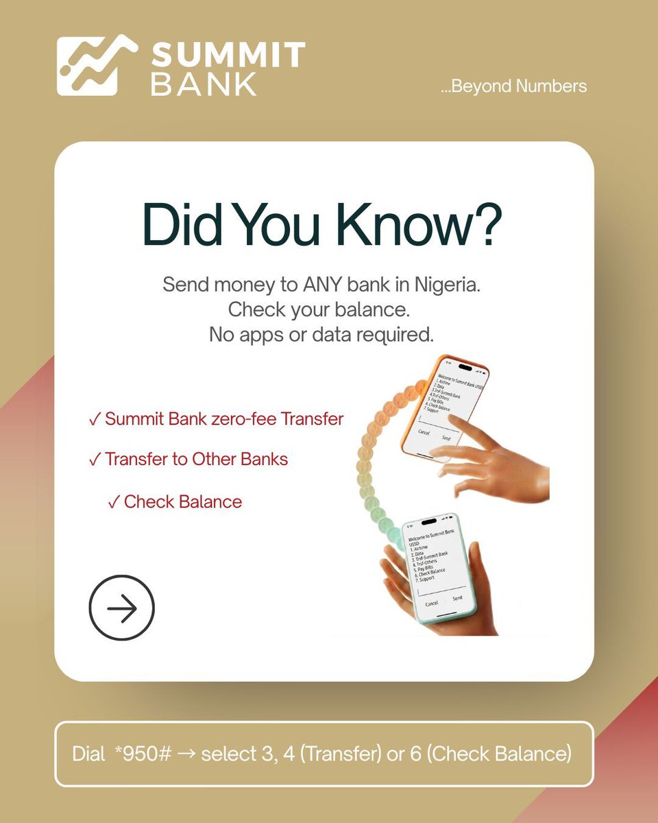 SummitBankNG's tweet photo. 📲 Banking made simple!

Need to transfer funds or check your balance?

Dial *950# and:
💸 Select 3 or 4 to Transfer Funds
💰 Select 6 to Check Your Balance

Fast. Easy. Secure.

#950USSD #DigitalBanking #BankOnTheGo #BankingMadeEasy https://t.co/hvshaaYygU