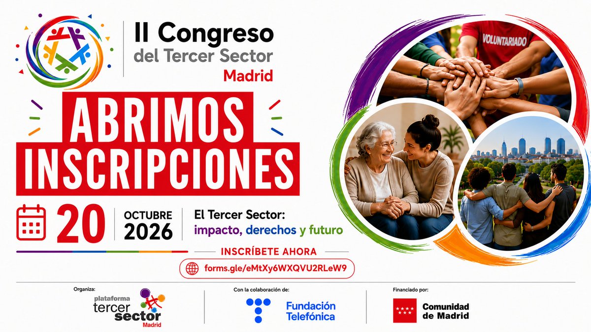 TercerSectorMad's tweet photo. 🟢 ¡Abrimos inscripciones! El II Congreso del Tercer Sector de Madrid llega el 20 de octubre al Espacio @FundTelefonica. Aforo limitado.

¡Inscríbete ya! 👉 https://t.co/cFpWEJ6YZc #IICongresoTercerSectorMadrid https://t.co/zhXgVqPMwi