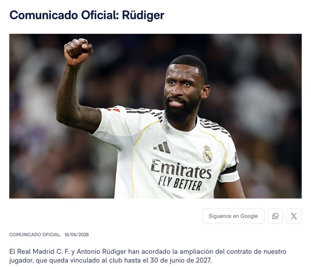 RealMadrid_GO's tweet photo. ✍🏼✅| OFICIAL: El Real Madrid ha renovado el contrato de Antonio Rüdiger hasta 2027. #rmlive https://t.co/cKhiIVRV1S
