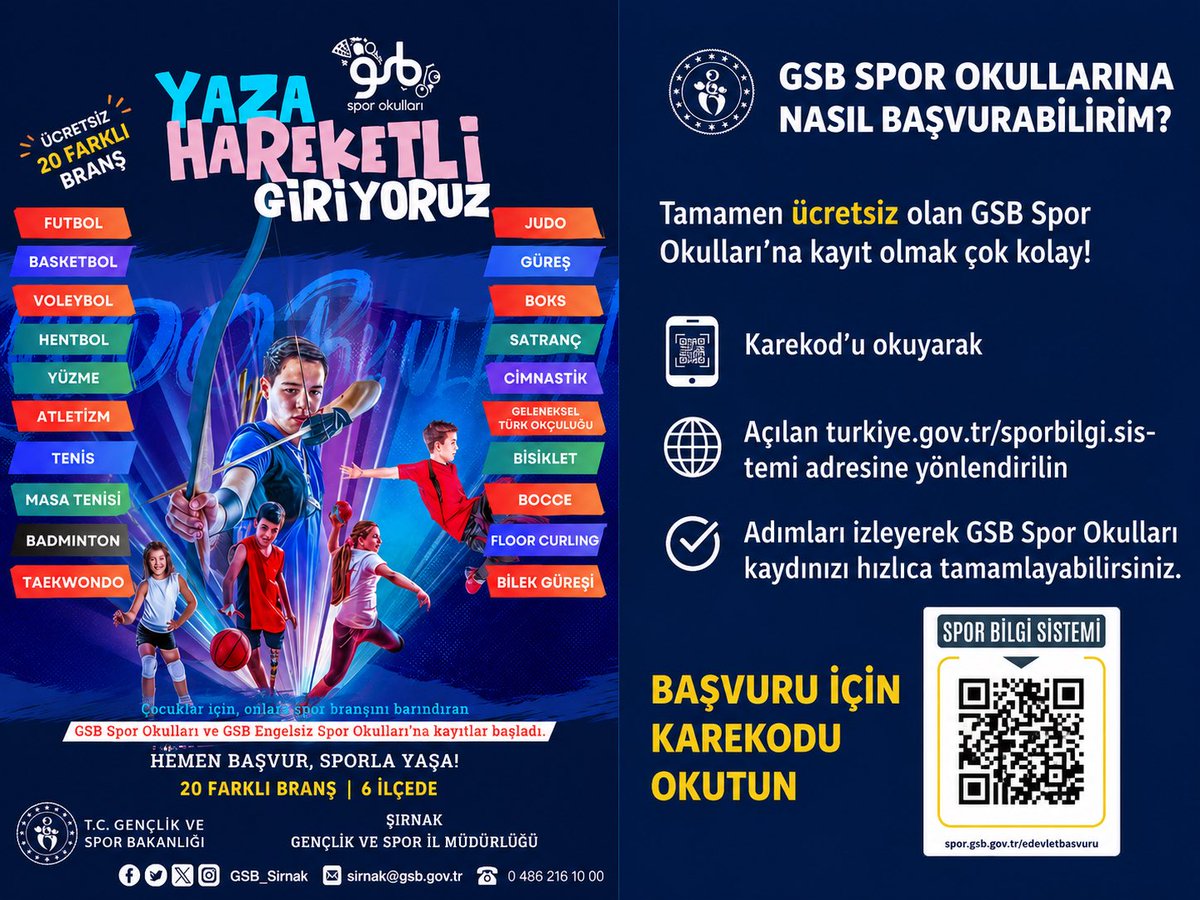 GSB_Sirnak's tweet photo. 🌞Bu Yazın En Güzel Adresi Spor!

⚽🏀🏐Yaz Spor Okulları ve Engelsiz Spor Okullarımızla çocuklarımızı ve gençlerimizi sporla buluşturuyoruz.

Ücretsiz eğitim
Uzman antrenörler
Engelsiz ve kapsayıcı ortam
🏆20 farklı branşta spor imkânı

Haydi, bu yaz hareket et, geliş ve eğlen! https://t.co/gs4cHBur9n