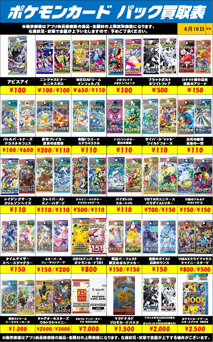 chuotrc's tweet photo. ポケモンカード未開封パック買取リストを更新しました！6/16～
  当日であっても予告なく在庫により金額が上下する場合がございます。  値段表記がないパックに関しましては 現在買取を行っていないものになります。 ご了承ください。 店舗テープが付いてるものはお返しいたします https://t.co/TfrHUkO51V