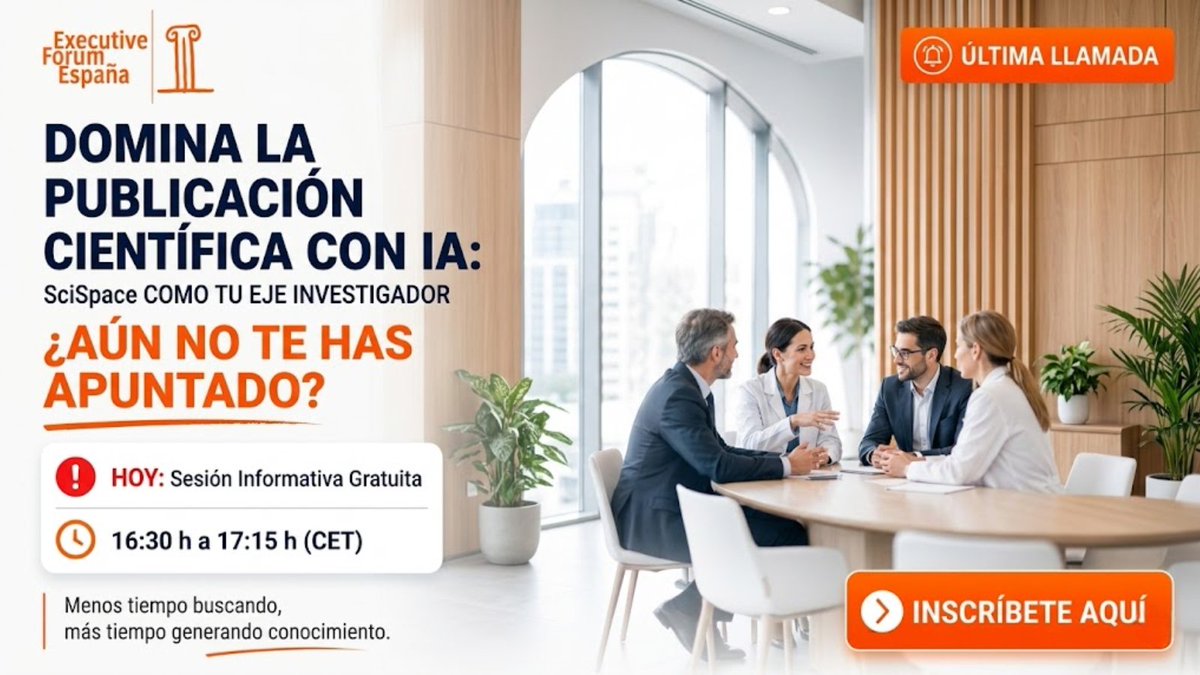 exeforum1's tweet photo. ¿Aún no te has apuntado? HOY de 16:30 a 17:15h (CET) descubre cómo la IA te ahorra semanas de trabajo mecánico buscando literatura y estructurando matrices de datos clínicos.  Reserva tu plaza antes de que cerremos la sala: https://t.co/HeLVXRgx7V #IA #SciSpace https://t.co/nWUG2Nj8wM