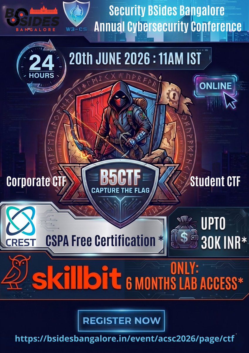 nullcon's tweet photo. Think you've got what it takes to Capture The Flag? 🚩 

We're excited to support the @bsidesbangalore
Binary Blitz CTF (B5CTF 2026), a 24-hour online challenge.  

Register now: https://t.co/VOVRddNUL6 

#Nullcon #CommunityPartner #BSidesBangalore #CTF https://t.co/dvgfU0W0II