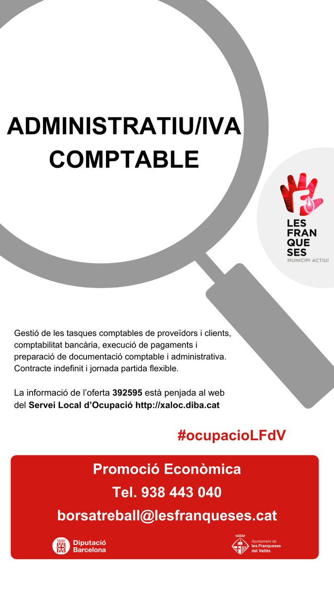 lesfranqueses's tweet photo. #LesFranqueses des d'#ocupacioLFdV ens arriben noves ofertes de feina: 
👩‍🔧ADMINISTRATIU/IVA COMPTABLE
☎️938 443 040
📩borsatreball@lesfranqueses.cat
📲https://t.co/J1Mo0piEdj https://t.co/VKsy48bOBA