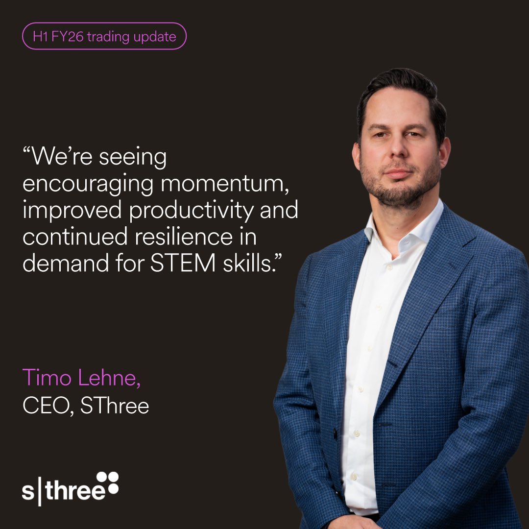 SThreeplc's tweet photo. SThree issued its H1 trading update to 31 May 2026. Net fees declined 7% YoY, with improving trading momentum supported by growth in select markets and stable Contract activity. Productivity gains and a robust order book providing a solid foundation. https://t.co/bj6f6B7WD1 https://t.co/jbY8tJEQ10