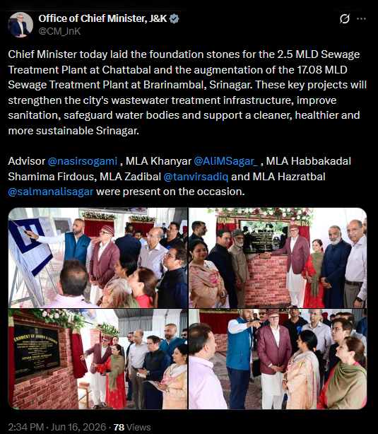 GreaterKashmir's tweet photo. Chief Minister today laid the foundation stones for the 2.5 MLD Sewage Treatment Plant at Chattabal and the augmentation of the 17.08 MLD Sewage Treatment Plant at Brarinambal, Srinagar. These key projects will strengthen the city's wastewater treatment infrastructure, improve sanitation, safeguard water bodies and support a cleaner, healthier and more sustainable Srinagar.

Advisor @nasirsogami, MLA Khanyar @AliMSagar_, MLA Habbakadal Shamima Firdous, MLA Zadibal @tanvirsadiq and MLA Hazratbal @salmanalisagar were present on the occasion: @CM_JnK
