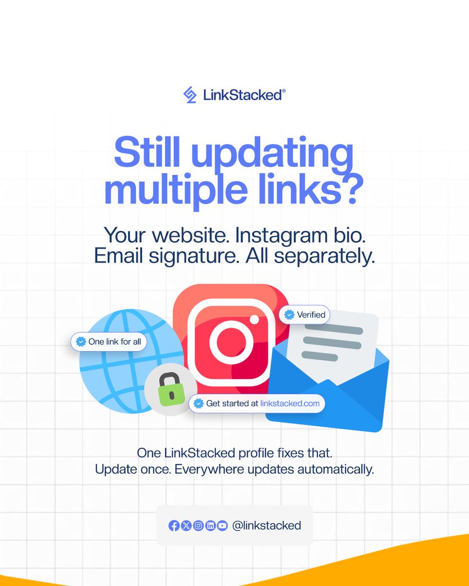 LinkStacked's tweet photo. One LinkStacked profile fixes that.  
Update once — everywhere updates automatically. 

✔️ One link for everything  
✔️ Smarter sharing  
✔️ Cleaner online presence  
✔️ Easy updates in seconds  

Get started at https://t.co/PSpWWhVbn7 

#LinkStacked #SmartLinks #LinkInBio https://t.co/1dmgOqMqdn