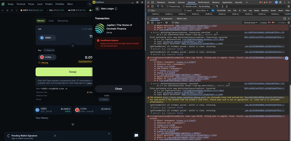 varf_a's tweet photo. Hey @JupiterExchange it seems you have some problem with @OndoFinance 
Whenever I want to buy some ondo asset even when I have USDC in my wallet I get the "Insufficient balance" error.
Can you please fix this? https://t.co/WvhWrPQmMT