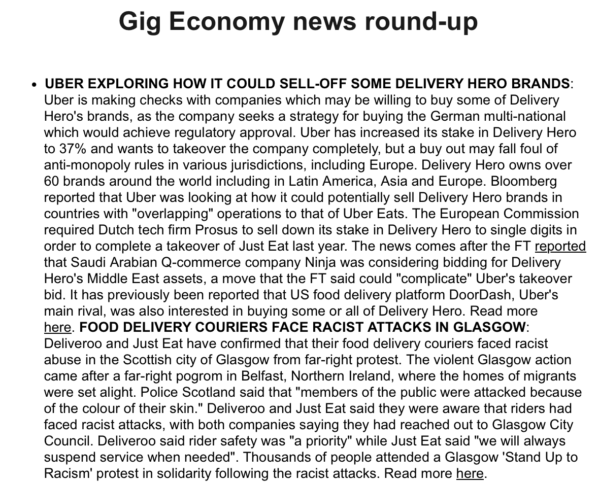project_gig's tweet photo. News:

🌎 Uber exploring how it could sell-off some Delivery Hero brands
🏴󠁧󠁢󠁳󠁣󠁴󠁿 Riders face racist attacks in Glasgow
🇮🇹 Glovo, under receivership, raises pay
🇬🇧 Court rules that Bolt has to pay VAT on whole fare
🇬🇧 @ProDriversGMB call on Uk Govt to protect jobs from robotaxi threat https://t.co/XWdcVOZteL