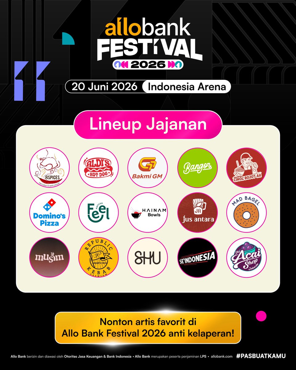 AlloBankID's tweet photo. Grab Puas Food Market Akan Hadir di Allo Bank Festival 2026!

Allo Friends gak perlu khawatir bakal kelaperan ataupun kehausan karena banyak jajanan menanti! ✨

Apa aja sih lineup jajanannya? 👀 Yuk, swipe! ➡️

#PasBuatKamu #AlloBankFestival2026 https://t.co/9lHfTP6xvo