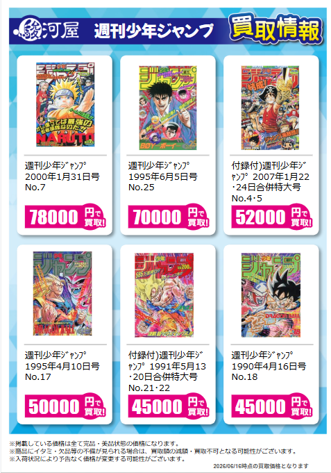 surugaya_book's tweet photo. 週刊少年ジャンプの買取情報ﾆｬ😻
この辺りのジャンプに画像入ってるの駿河屋の凄みを感じるﾆｬ・・・😾
実家の掃除中に出てきたら持ってきて欲しいﾆｬ!!!😍😍😍

#駿河屋 #買取情報 #コミック雑誌 #少年ジャンプ #ドラゴンボール #ワンピース https://t.co/xLUm4W28DW