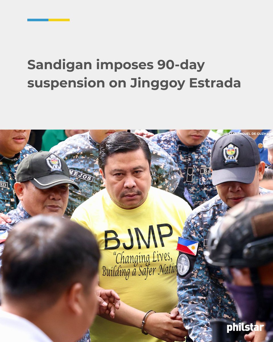 PhilstarNews's tweet photo. SANDIGANBAYAN SUSPENDS ESTRADA FOR 90 DAYS OVER GRAFT AND PLUNDER CASE

The Sandiganbayan has imposed a preventive 90-day suspension on Sen. Jinggoy Estrada, who is facing graft and plunder charges in connection with the flood control scandal.

In a statement sent to reporters, the Sandiganbayan Second Division said that Estrada is temporarily suspended as a senator while awaiting trial for the charges against him.

Read: https://t.co/vCMhT6ceyJ