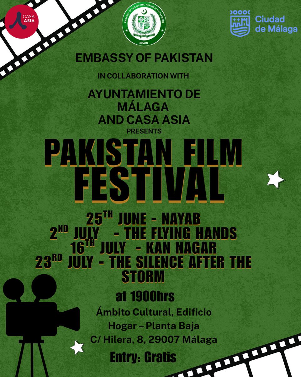 PakinSpain_'s tweet photo. La Embajada de Pakistán, en colaboración con el Ayuntamiento de Málaga y Casa Asia, se complace en presentar el Festival de Cine Pakistaní en Málaga.
Les invitamos a descubrir historias de Pakistán a través del cine.
📷 25 de junio – Nayab
📷 2 de julio – The Flying Hands
(1/2) https://t.co/QeAx7cLWdY