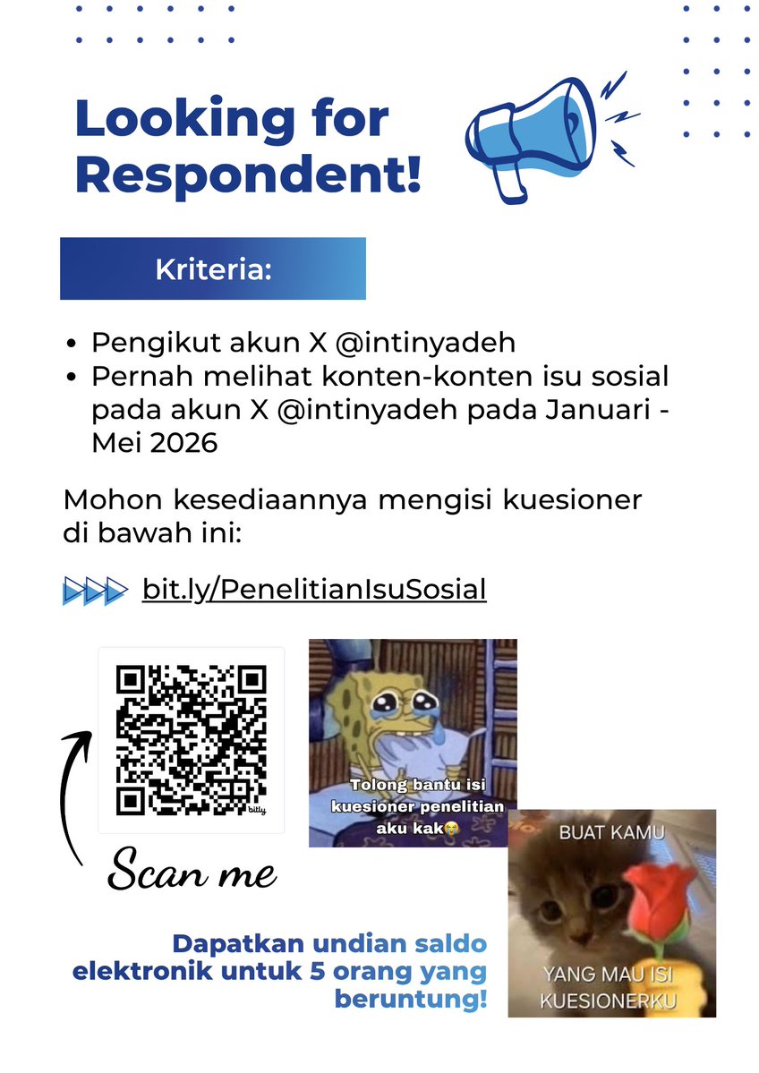 ohyeahcha's tweet photo. @muwasidin Halo kak, aku lihat akun kakak di salah satu komentar akun X intinyadeh. Kalau berkenan tolong banget isi kuesionerku ya kak soalnya bates daftar sidangnya tinggal dua minggu lagi🙏🏻😭 

Linknya: https://t.co/EV9XL6qsUz

Maaf kalau mengganggu,  terima kasih🙏🏻 https://t.co/kxi7GSHrKO