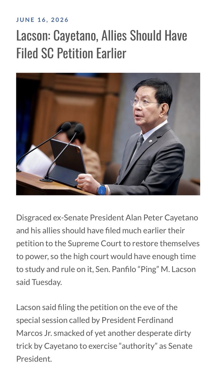 newswatchplusph's tweet photo. ‘HE [CAYETANO] IS THE CRISIS’ 

READ: Senator Ping Lacson says the Supreme Court petition challenging the June 3 session that ousted Senator Alan Peter Cayetano may be part of the former Senate President’s “dirty tricks.”

“Is he trying to dig deeper in his bag of dirty tricks to create a scene tomorrow by invoking that pending action by the Supreme Court on his petition, he may still exercise his authority as Senate President,” Lacson said. 

"That said, it is not accurate to say that Alan Peter Cayetano created this ongoing crisis. In actual fact, he is the crisis," he added. | @eimorpsantos