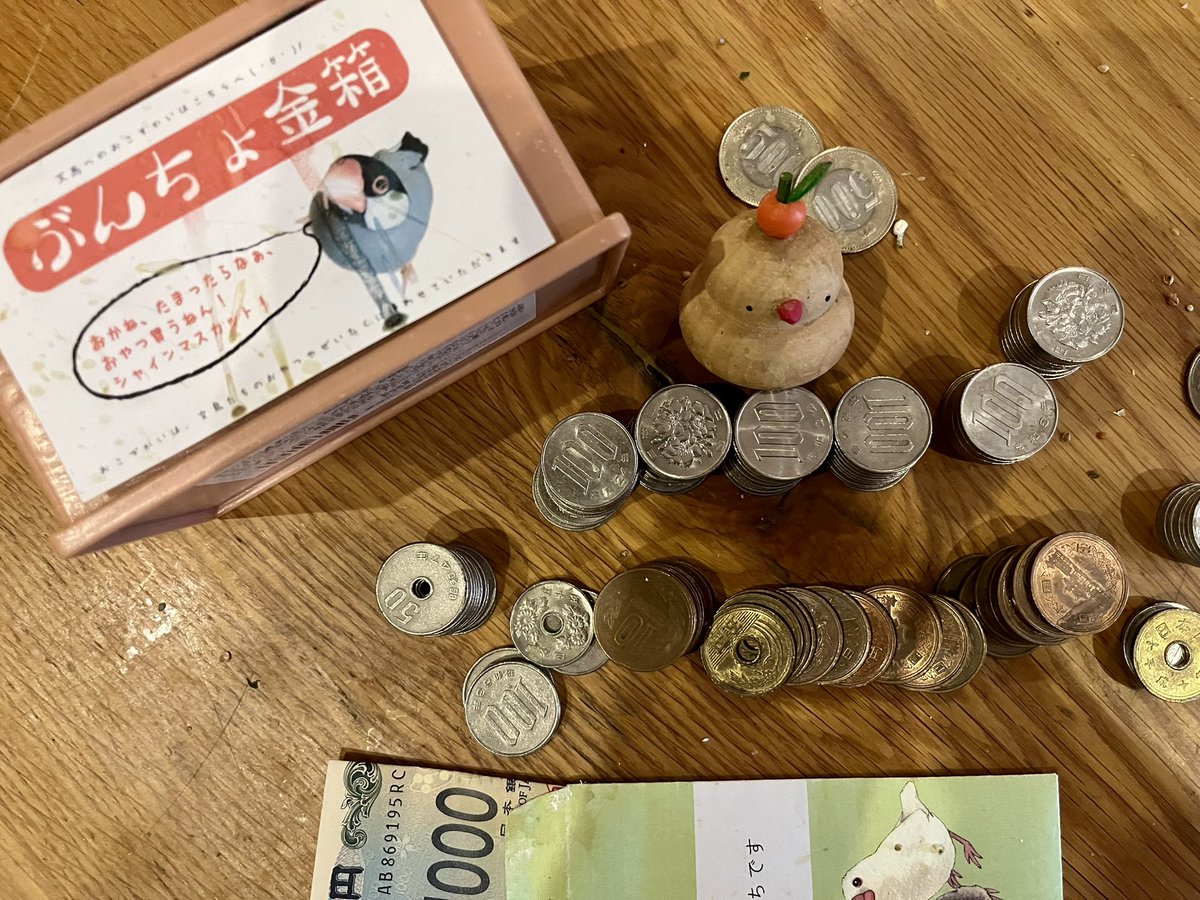 dot_kitchen's tweet photo. お正月から始めた「ぶんちょ金箱」。
皆様からのお心付けを貯金して、
文鳥たちに豪華なおやつを買ってあげる
壮大なプロジェクトなのです。

今日は数えたら9,320円ありました‼️

ありがとうございます。

おーい。
シャインマスカット食べられるぞぉ💕

ありがとございまチュン‼️🐦 https://t.co/YlF8uGtMCl
