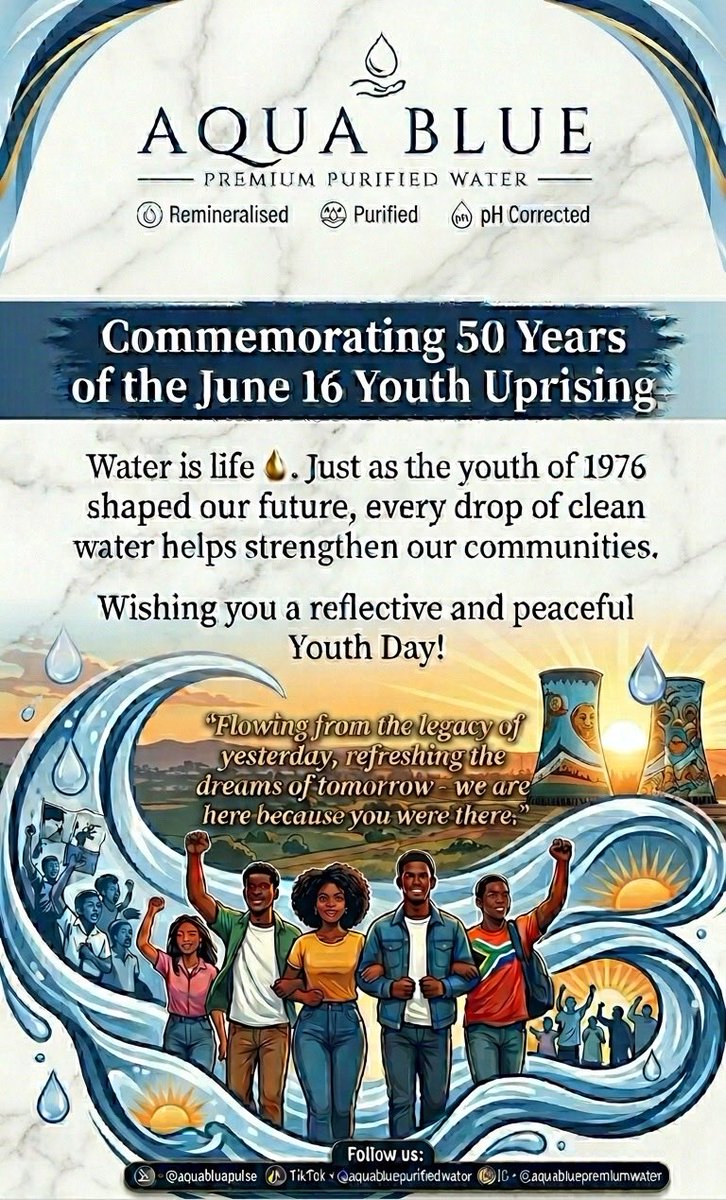 AquaBluePulse's tweet photo. Flowing from the legacy of yesterday, refreshing the dreams of tomorrow. We are here, because you were there! Commemorating 50 Years of the June 16 Youth Uprising. Wishing you a reflective and peaceful Youth Day!💧 #June16 #YouthDay #AquaBlue #SouthAfrica https://t.co/07uyy0fWUM
