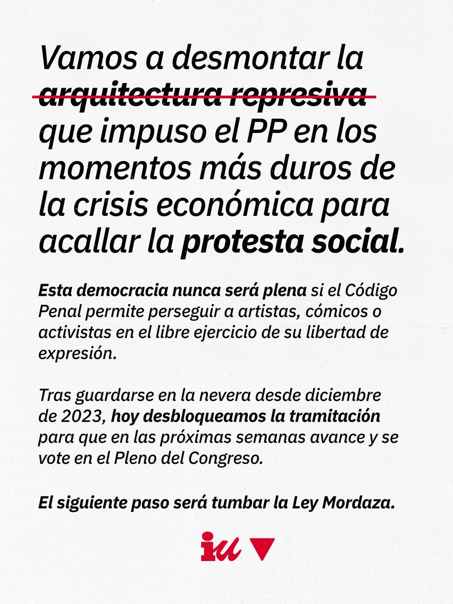 IUmerida's tweet photo. ❌ Este marco represivo ha permitido que artistas, cómicos o activistas hayan sido perseguidas judicialmente, siendo estas sometidas a penas de banquillo o incluso condenas. 

🔜 Seguimos avanzando. El siguiente paso será la Ley Mordaza (la Ley de Seguridad Ciudadana). https://t.co/iswZ9Yf5yq