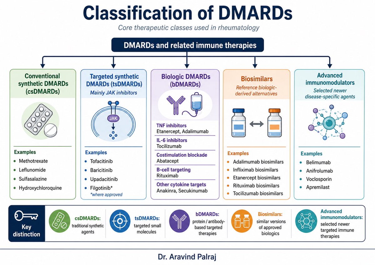 Rheumat_Aravind's tweet photo. DMARDs are the backbone of modern rheumatology treatment.

They include conventional synthetic DMARDs, targeted synthetic DMARDs, biologic DMARDs, biosimilars, and newer disease-specific immunomodulators.

Knowing the class helps us understand the mechanism, monitoring needs, safety issues, and treatment sequencing.

Right drug. Right patient. Right disease phenotype.

Dr. Aravind Palraj

#Rheumatology #DMARDs #MedicalEducation #AutoimmuneDisease #ClinicalImmunology @IhabFathiSulima @docakx