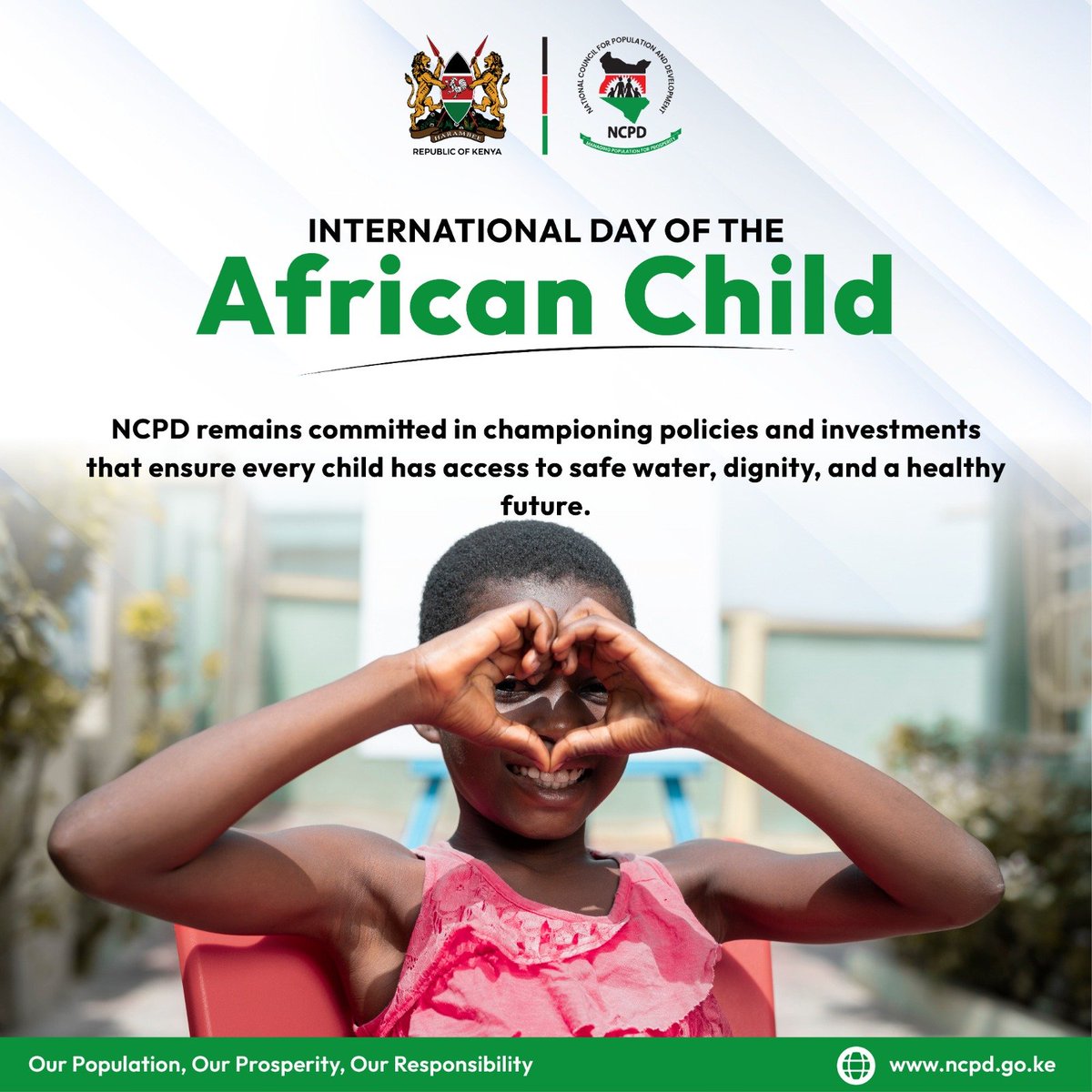 NCPD_Kenya's tweet photo. International Day of the African Child 2026!!

This year's theme, "Ensuring Universal Access to Water, Sanitation and Hygiene for Every Child in Africa," reminds us that access to clean water, safe sanitation, and proper hygiene is not merely a development goal, it is a fundamental child rights issue.
The Constitution of Kenya guarantees every child the right to health, education, dignity, protection from abuse and harmful practices, and the opportunity to realize their full potential. Yet these rights cannot be fully achieved without equitable access to essential services that support children's health, safety, and well-being.
As the National Council for Population and Development  continues to coordinate population and development policies, we remain committed to advocating for investments and interventions that improve the lives of children and adolescents, strengthen human capital development, support vulnerable young mothers, and create opportunities for every child to thrive.

The Day of the African Child also presents an opportunity to reflect on our collective responsibility to address the barriers that continue to limit children's potential, including inadequate access to water, sanitation, healthcare, education, and protection services.

As we commemorate this important day, let us renew our commitment to building a future where every child is safe, healthy, empowered, and equipped to contribute meaningfully to society.
Every child deserves protection.
Every child deserves opportunity. 
Every child deserves a future.

#QualityPopulation