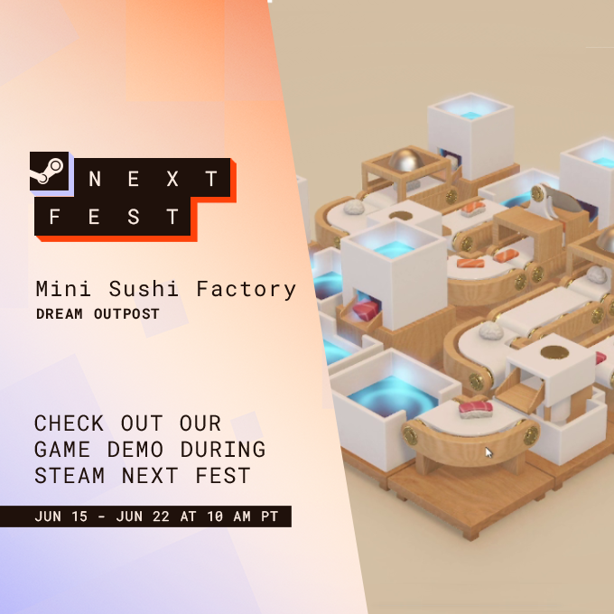 DreamOutpost's tweet photo. Happy to share Mini Sushi Factory Demo is Out Now! 🍣

https://t.co/hbytQ4oUnf

#indiegames #CelebrateIndies https://t.co/QeHDV7rWAN