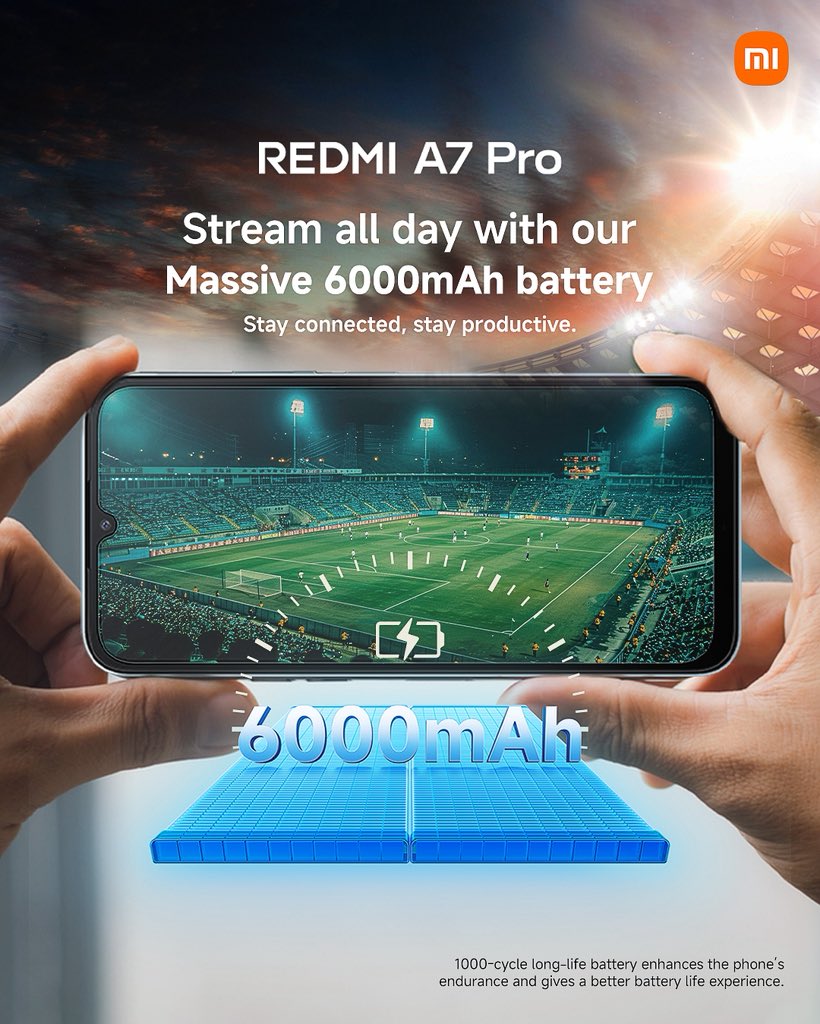 XiaomiGhana's tweet photo. From the first whistle to the final celebration, the 6000mAh battery on the REDMI A7 Pro keeps you streaming, cheering, and connected without constantly reaching for the charger.
#RedmiA7Pro #6000mAh #BuiltToLast #XiaomiGhana #KeepStreaming https://t.co/ZOmLuPyh7n