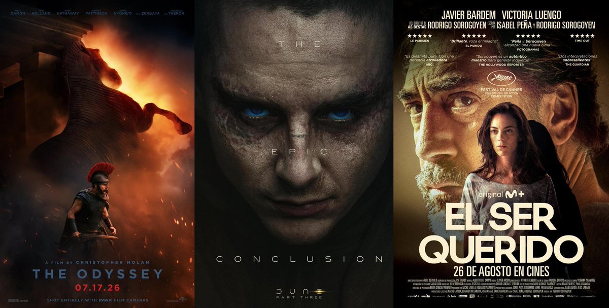 Filmaffinity's tweet photo. - La Odisea de #Nolan
- #Dune: Parte Tres de #Villeneuve
- El ser querido de #Sorogoyen
- #Digger de #Iñárritu
- The Adventures of Cliff Booth de #Fincher
Estas son las cinco películas más esperadas por la comunidad de #FilmAffinity. ¿Coinciden con las tuyas? https://t.co/VdjY7LbXzX
¿A qué film del resto de 2026 le tienes más ganas?