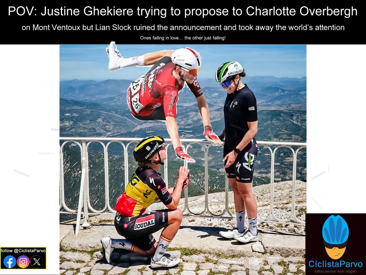 CiclistaParvo's tweet photo. POV: Justine Ghekiere trying to propose to Charlotte Overbergh on Mont Ventoux but @liam_slock ruined the announcement and took away the world's attention

Ones falling in love... the other just falling!

@agsoudal #humor #fun #ciclistaparvo #bikes #cycling #bicicletas #memes https://t.co/lVuWw0troT