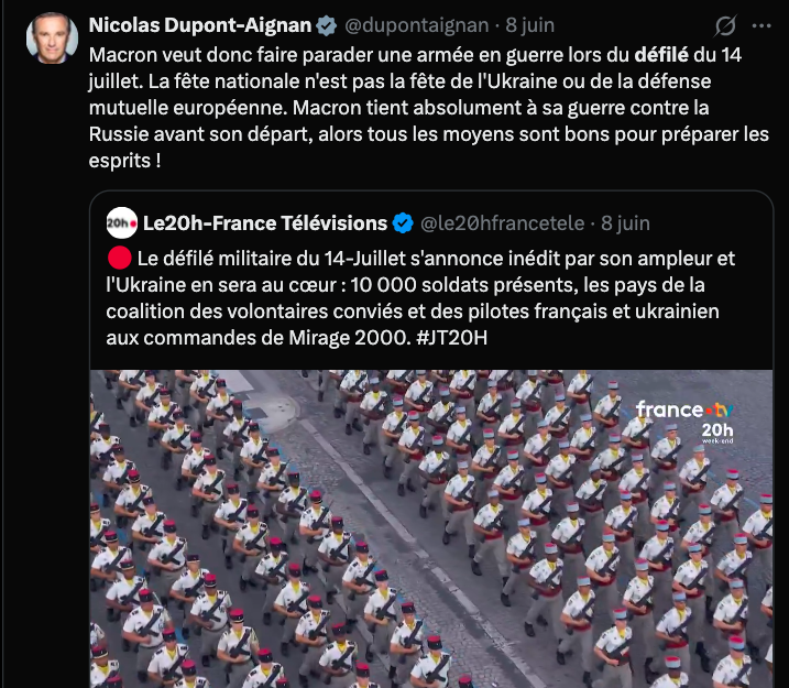cyprien_ronze's tweet photo. 🇫🇷🇷🇺 ATTENTION - Attaque informationnelle prorusse visant le défilé du 14 juillet

🪖 L'armée française est la première cible des attaques informationnelles du Kremlin et des influenceurs prorusses.

En s'attaquant à l'armée, ces derniers veulent :
- fragiliser la cohésion nationale, dont l'institution militaire est un pilier
- affaiblir la confiance dans les institutions
- agiter des peurs, notamment celle d'un engagement massif de soldats français en Ukraine.

Le défilé du 14 juillet, où l'Ukraine sera mise à l'honneur, déchaîne les passions sur les réseaux, et les appels au boycott se multiplient.
Soi-disant, inviter l'armée ukrainienne à défiler serait une mesure escalatoire, destinée selon certains (dont notre comploplo en chef, NDA) à traîner la France dans la guerre russo-ukrainienne.

Ne laissons pas ces trolls gâcher la fête nationale.
Le thème du défilé de 2026 sera le "Réveil stratégique de l’Europe". 🇪🇺

Pas étonnant que les souverainistes en carton soient vent debout devant cette manifestation qui montre notre détermination à nous défendre face à la Russie.