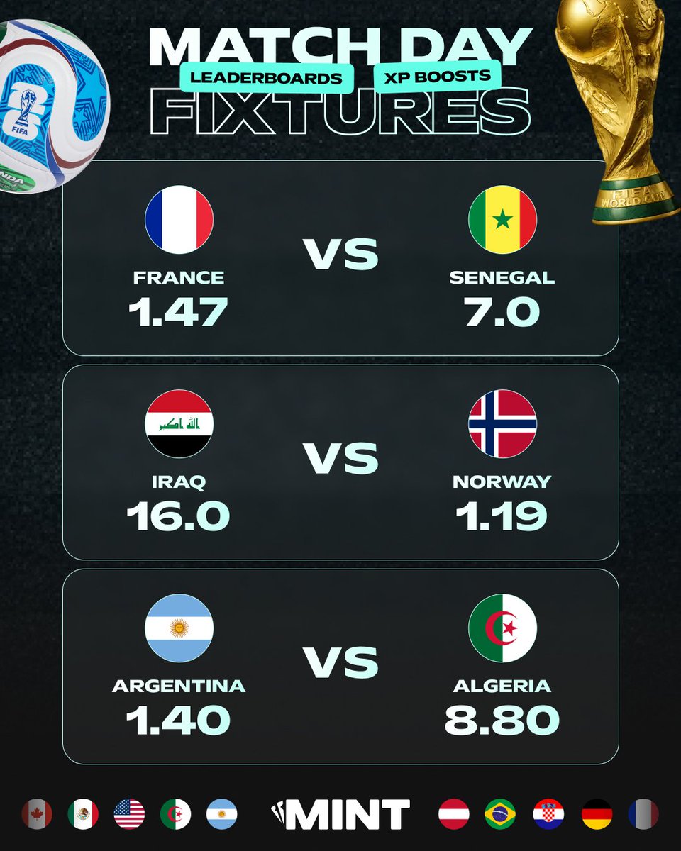 MintCasino's tweet photo. IT'S GAME TIME ⚽️ These are the fixtures for today's World Cup matches! 

Back your picks, earn boosted XP and keep climbing the leaderboard! 📈 https://t.co/qhbvEUHiRa