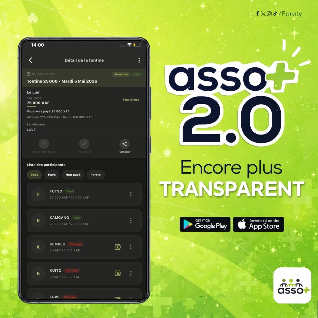 farotyMe's tweet photo. Et si chaque membre de ton asso savait exactement où va chaque franc ?

Avec ASSO+ 2.0, cotisations, tontines et situations des membres sont visibles et traçables.

La confiance commence par la transparence.

📲 Mets à jour maintenant 👉 https://t.co/F0YMsFXC4X

#ASSO2 #ASSOplus https://t.co/2oPxgJvRKF
