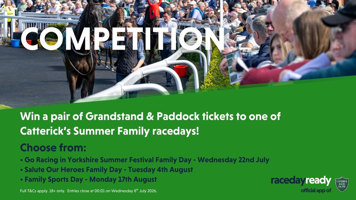 CatterickRaces's tweet photo. Win a pair of tickets to one of our Summer Family racedays!

Choose from the @YorkshireRacing Summer Festival Family Day on 22 July, the Salute Our Heroes Family Day on 4 August or the Family Sports Day on 17 August.

👉 https://t.co/4mGebev9bc

Entries close at 00:01 on 8th July https://t.co/1WmArGZAaM