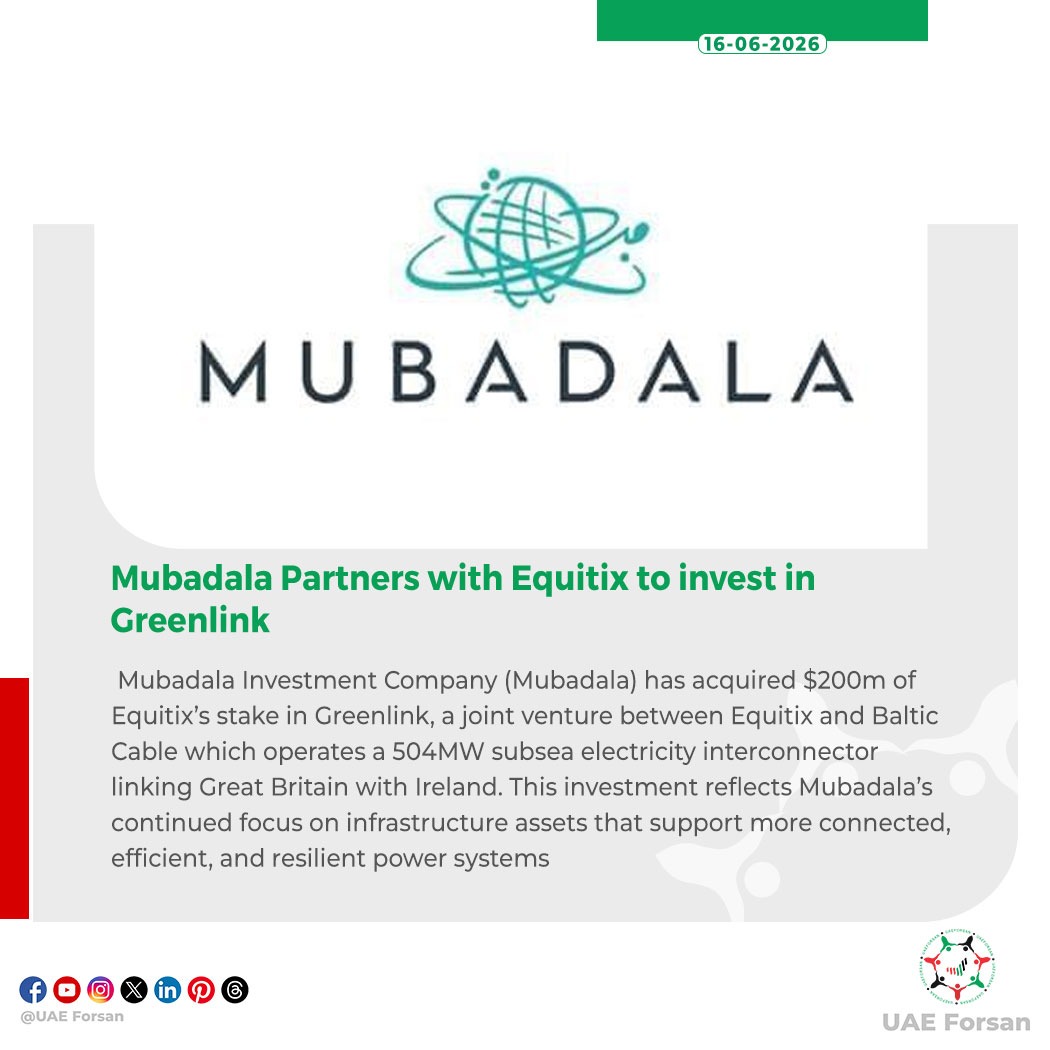 UAE_Forsan's tweet photo. Mubadala Partners with Equitix to invest in Greenlink
#UAE #Mubadala #Equitix
@Mubadala https://t.co/zE9v6T9hHb