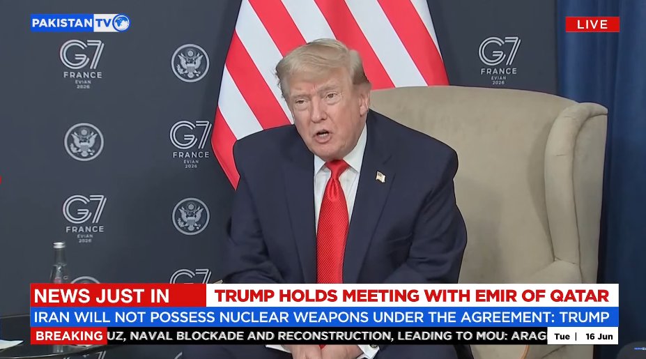 PakTVGlobal's tweet photo. Iran will not possess nuclear weapons under the agreement: President Trump
#Trump #EmirOfQatar #USIranDeal #NoObligation #StraitOfHormuz #PakistanTV https://t.co/AoI4D9wwqX