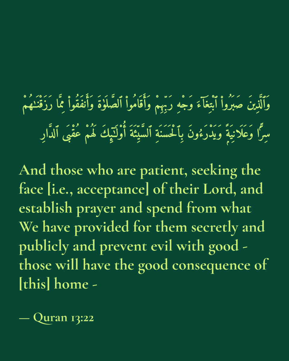 ThisIs_TSP's tweet photo. And those who are patient, seeking the face [i.e., acceptance] of their Lord, and establish prayer and spend from what We have provided for them secretly and publicly and prevent evil with good - those will have the good consequence of [this] home -

— Quran 13:22 https://t.co/NLpWe2tzfl