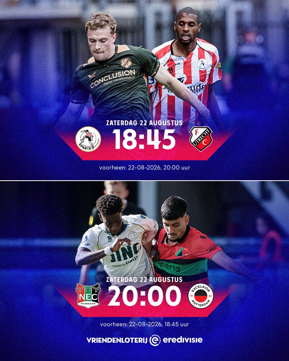eredivisie's tweet photo. Definitief speelschema VriendenLoterij Eredivisie bekend 📅

Enkele wedstrijden hebben een nieuw tijdstip of datum gekregen. Bekijk het volledig actuele schema via onze website. 👇

https://t.co/PNhRB9fTzD https://t.co/0024oBwUvI