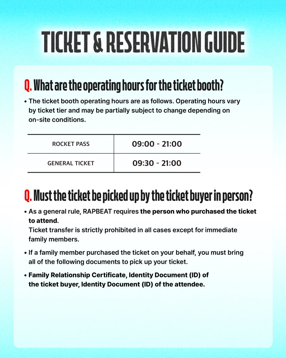 RAPBEATFESTIVAL's tweet photo. RAPBEAT 2026 𝗙𝗔𝗤 - Ticket &amp; Reservation Guide 🇰🇷

Everything from how to receive your admission wristband to the operating hours of the ticket booth!
We have gathered all your frequently asked questions and important notices to give you the answers you need. https://t.co/u1D53a7CRz