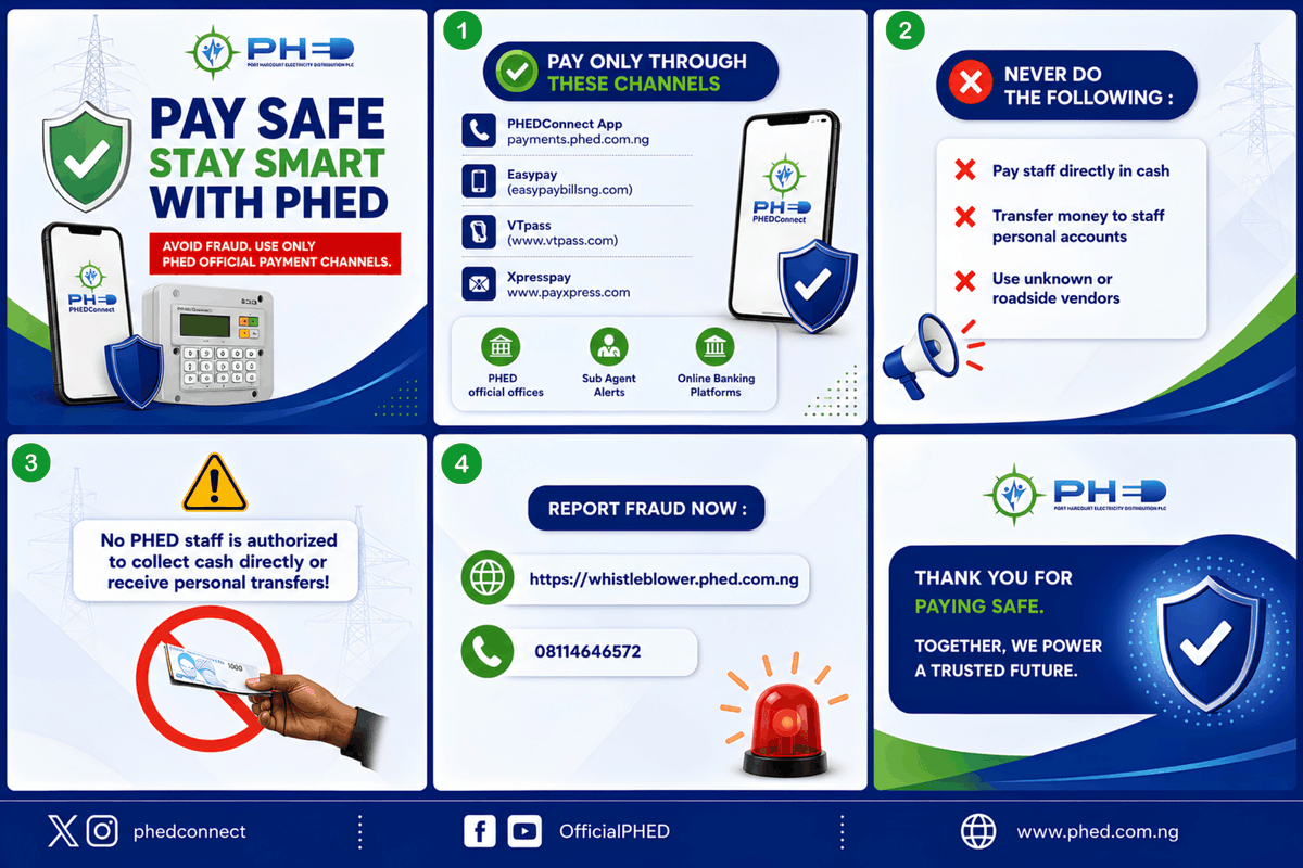 PHEDconnect's tweet photo. Beware of fraudsters!

PHED staff will NEVER collect cash or request transfers to personal accounts.

✅ Use only approved PHED payment channels.
📞 Report fraud: 08114646572
#PHEDCares #FraudAlert #PaySafeStaySmart #StopFraud #PHEDConnect #StaySmart https://t.co/7vm1EGPncw